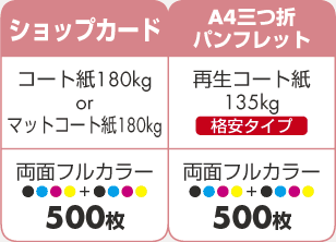 ショップカード500枚、A4三つ折りパンフレット500枚